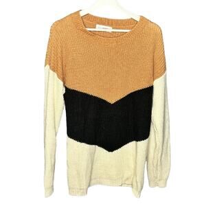 SHOP Wanna B Women's Orange Black Beige Color block Chevron Sweater Large NWOT